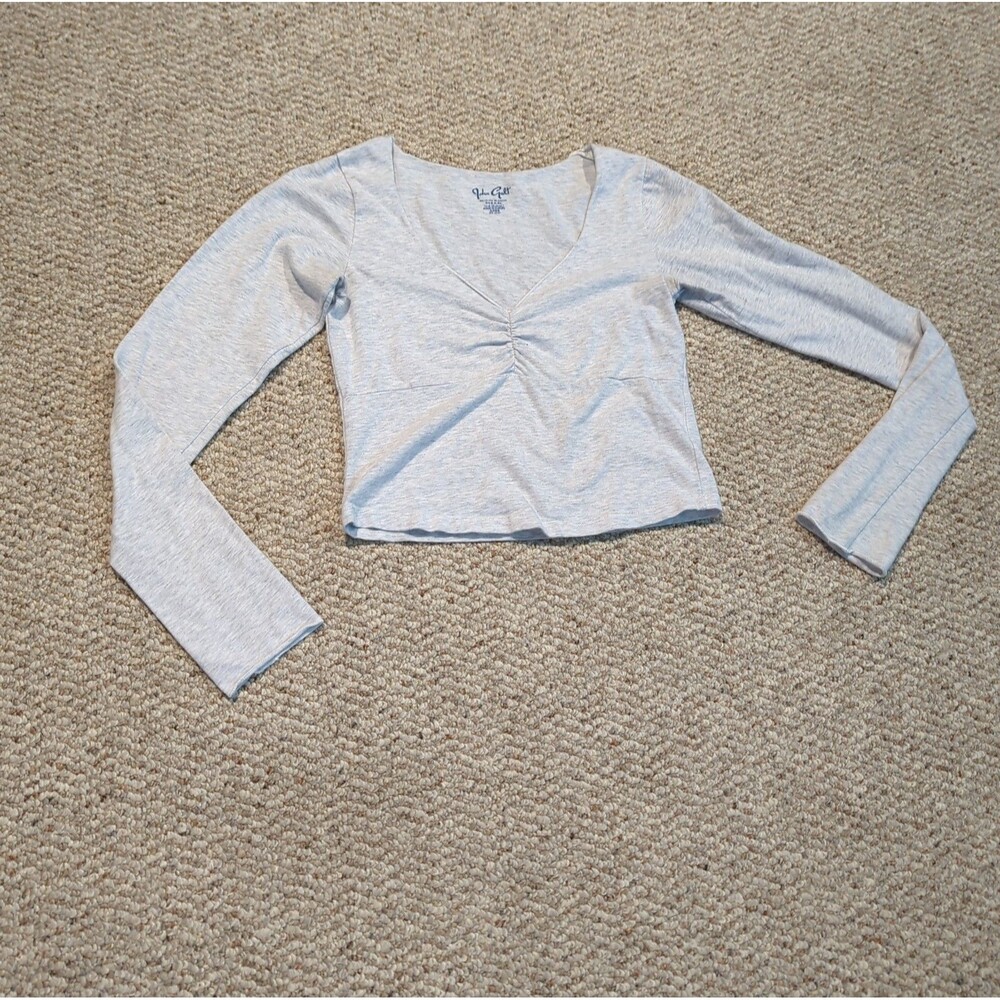 John Galt Cropped Babydoll Top Womens One Size Gray Heathered Long Sleeve